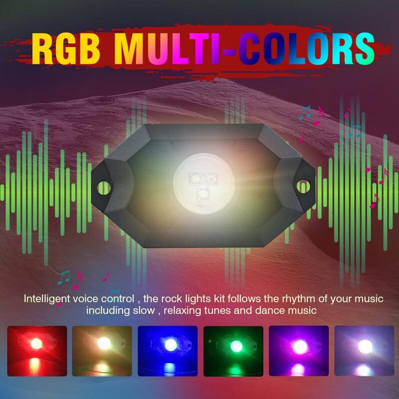 Lumière de roche LED imperméable multicolore à 4 dosettes, sous-éclairage pour ATV UTV SUV, Mode musique