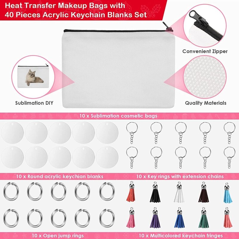 10Pcs Cosmetic Bag Set Heat Transfer Blank DIY Canvas Pencil Case Zipper Makeup Storage Bag with Round Acrylic Keychain Blank