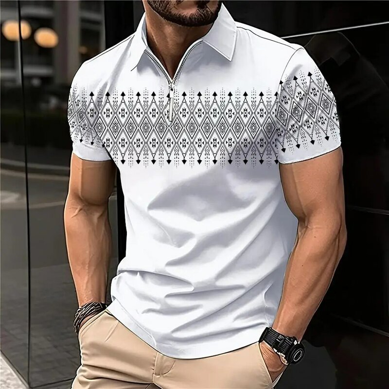 New Men's Zip Polo Shirt Fashion Polo Shirt Casual Street Short Sleeve Tops Summer Zip Polo Business Clothing Large Size Polo
