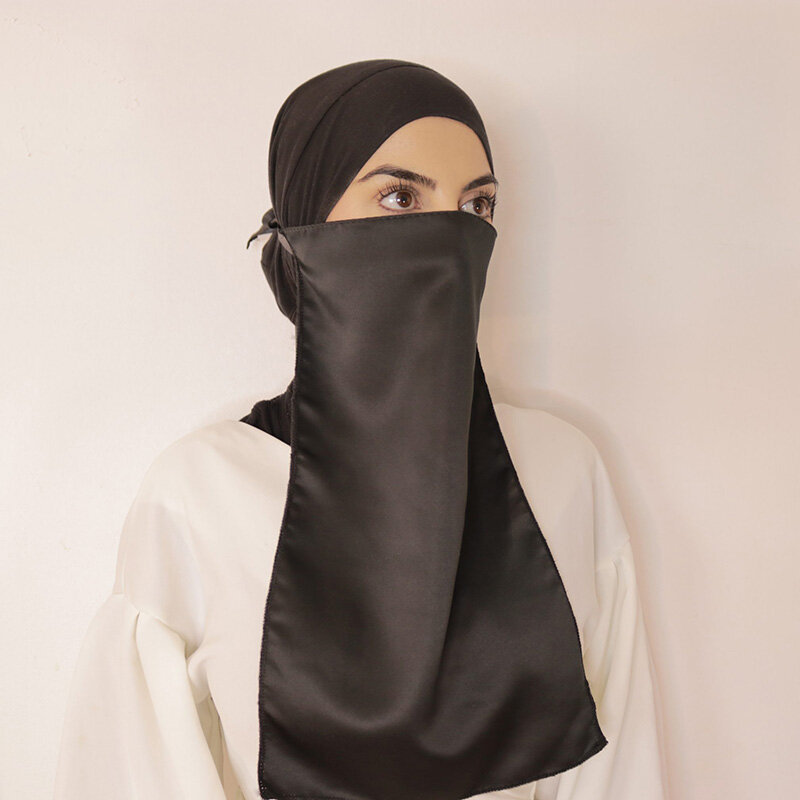Niqab جودة عالية مع سلسلة الساتان مسلم طبقة واحدة تنفس الساتان نيدا متواضع الملابس الإسلامية الصلاة الحجاب دروبشيبينغ