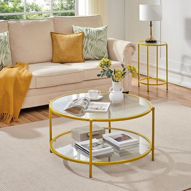 Złoty szklany stolik do kawy do salonu, 36-calowy okrągły szklany stolik do kawy z metalową ramą, okrągły stolik kawowy do domu, biura