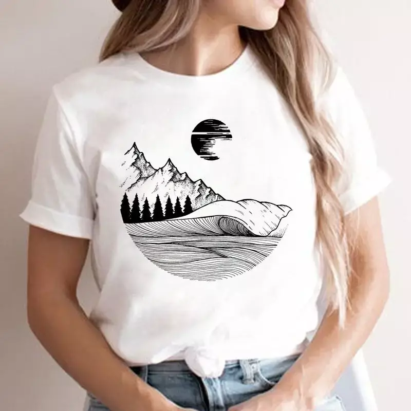 T-shirt manches courtes femme, estival et à la mode, avec image de dessin animé, rivière, montagne, tendance des années 90