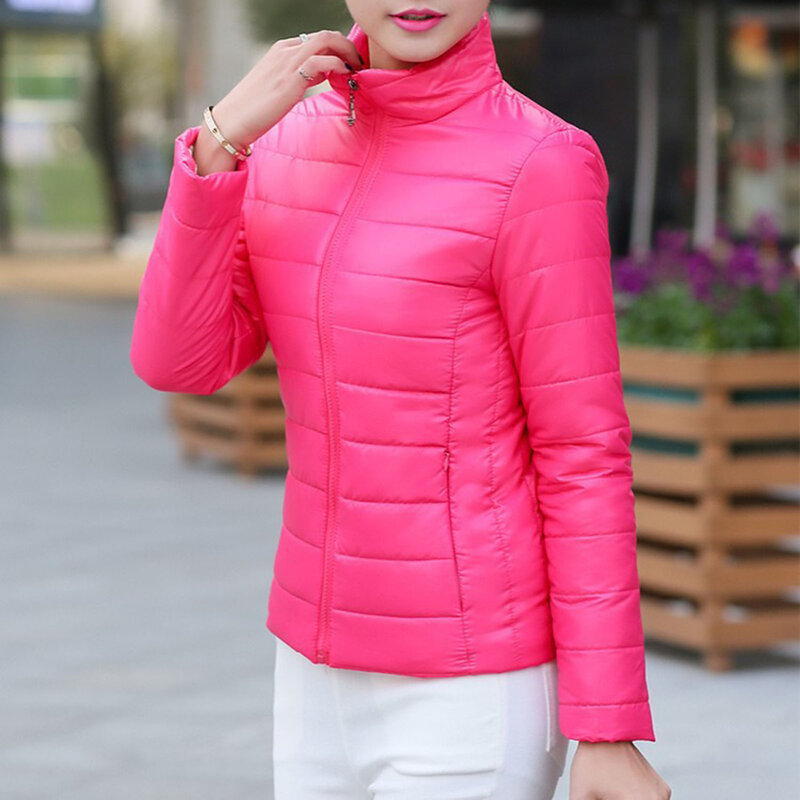 Женское Стеганое пальто с воротником-стойкой, черное/зеленое/красное/розово-красное пуховое пальто с карманами для женщин, официальное повседневное Яркое пальто