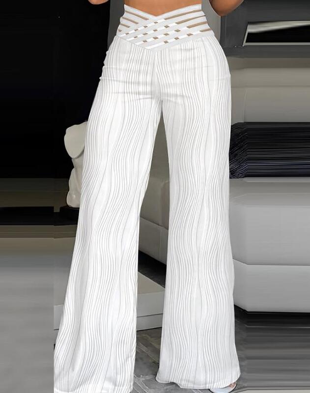 Elegante calça de cintura alta feminina, cintura alta, texturizada Criss Cross Sheer Mesh Design, calça feminina de trabalho, verão