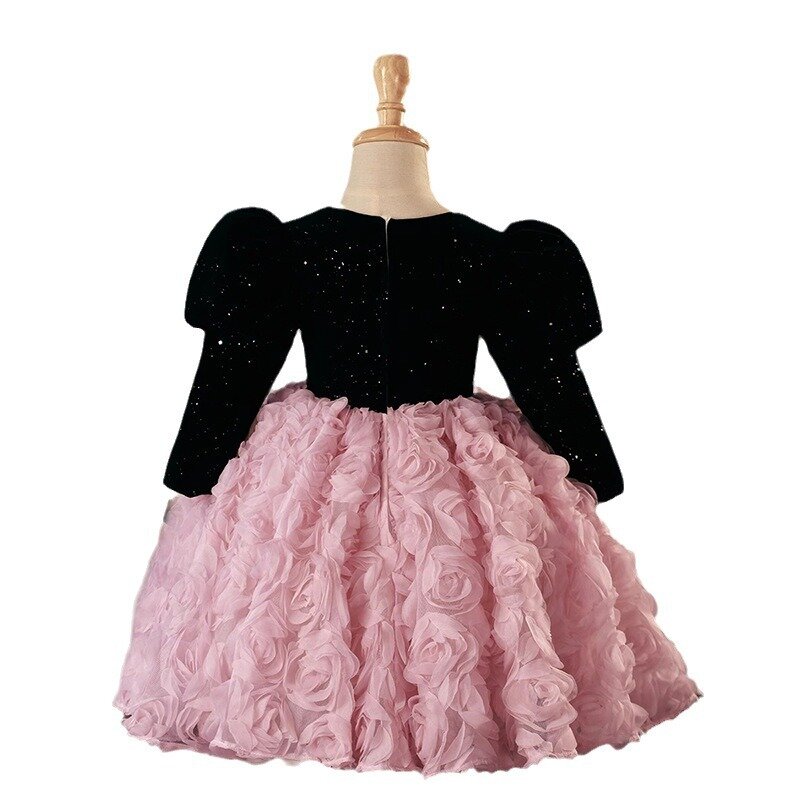 Winter Girl's Pink Black Floral Lace Knee-Length Party Dress for Birthday Ceremonies Wedding Party Princess Ball Gown Size 1-14