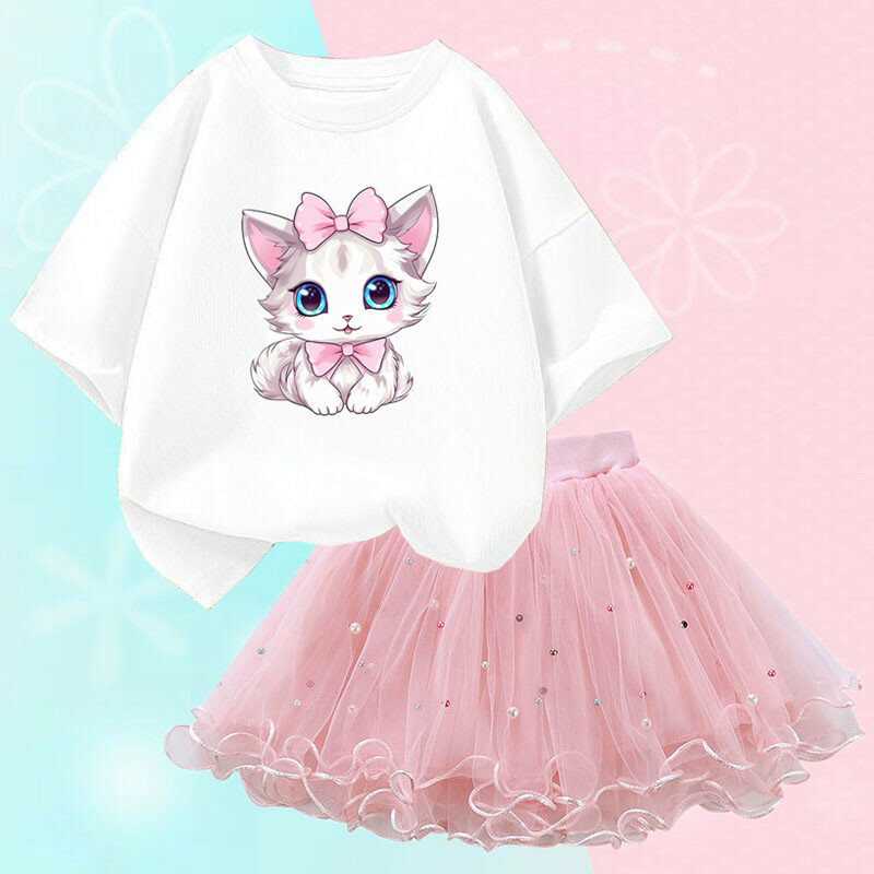 Vêtements d'été pour petites filles, t-shirt chat mignon et jupe tutu en maille, ensemble deux pièces, mode coréenne, tenues pour enfants de 3 à 14 ans