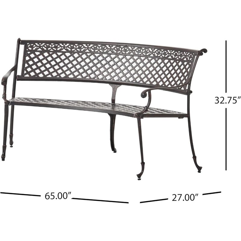 Ławka zewnętrzna, Sebastian antyczna aluminiowa ławka w kształcie wachlarza na zewnątrz, błyszcząca miedź, ławka na zewnątrz,