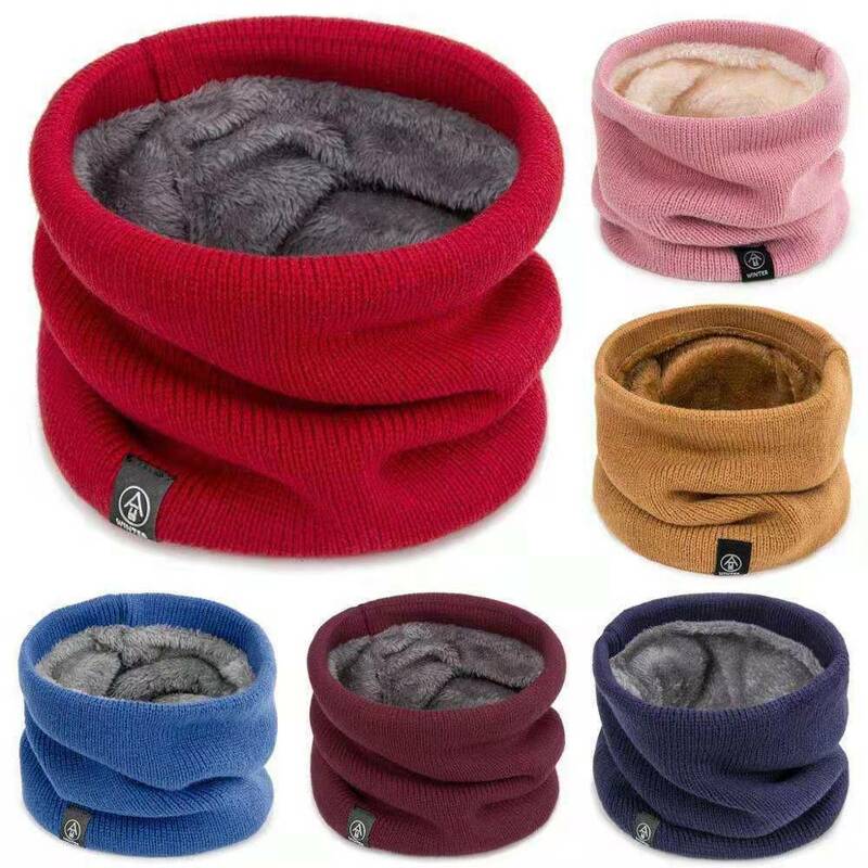 Unisex Winter Fleece Lining Neck Collar Stripe Neck Scarf Solid Color Knitted Ring Scarves Neck Warmer Thick Plush Elastic Warm