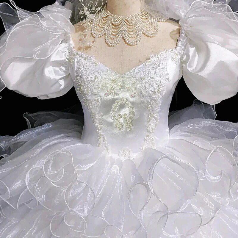 Женское винтажное свадебное платье AnXin SH, белое платье принцессы из органзы с бисером, жемчужинами и оборками, с коротким пышным рукавом, античное свадебное платье для невесты