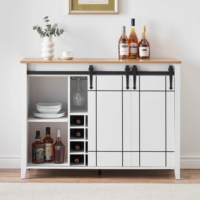 Farmhouse Coffee Wine Bar Cabinet with Wine Rack, 47" Buffet Sideboard Cabinet w/ Sliding Barn Door, Antique White