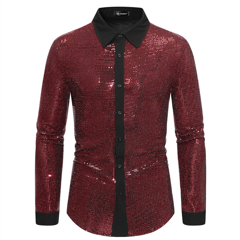 Fashion Men Luxury Bar KTV Stage Party Dress Long Sleeve Shirt Gold / Silver / Red Summer New Men's High Street Prom Casual Tops