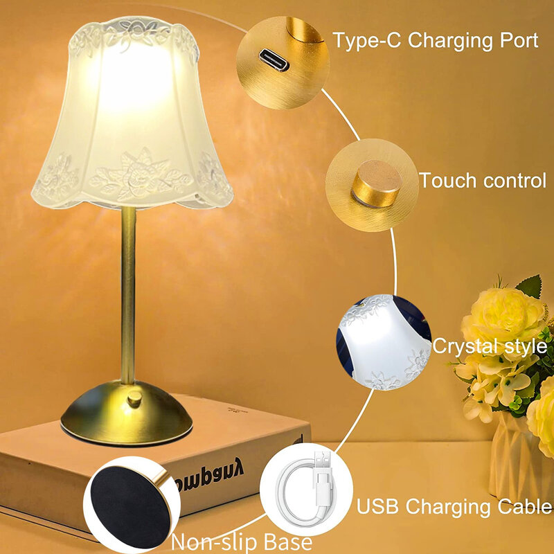 Touch Table Lamp Retro Bar Desk Lamp LED Bedroom Night Light Portable Rechargeable Wireless Lamp for Coffee Hotel Restaurant