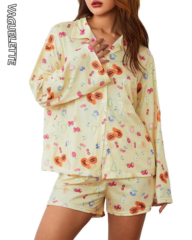 VAGUELETTE-Conjunto de pijama de frutas feminino, camisa de botão com shorts, pijamas macios