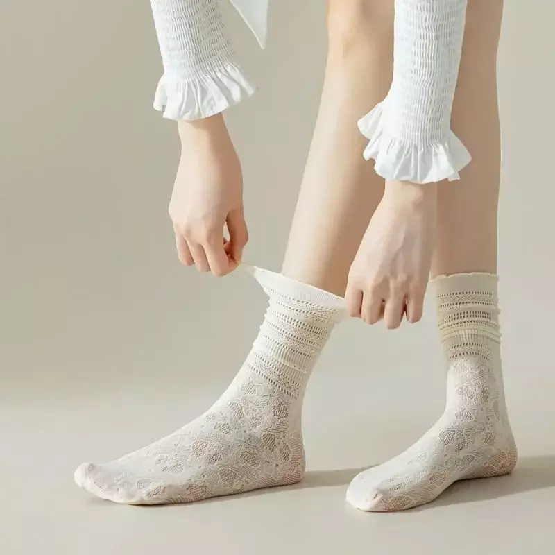 3 Paar Socken für Frauen lange Sommer dünne feste bunte aushöhlen atmungsaktive Rüschen Spitze lose Socken Mesh Crew Socken elastisch