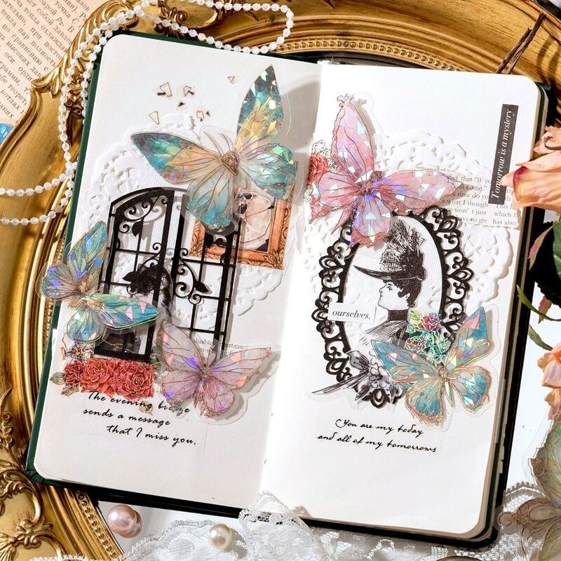 Handmade Ice Crystal Laser Butterfly Sticker Retro DIY Crafts Aesthetic Butterfly Collage Sticker Bling Shiny Scrapbooking
