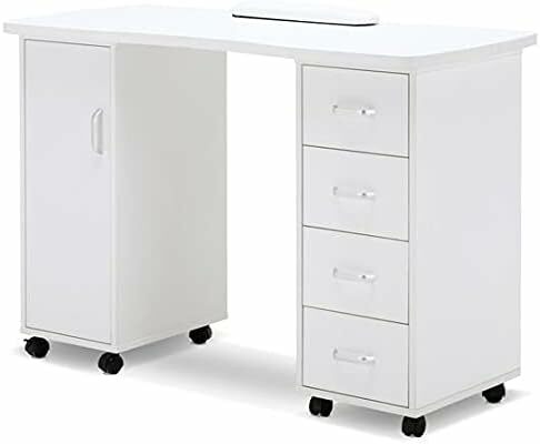 BarberPub Manicure Table, Acetone Resistant Nail Desk, Nail Table with 4 Drawers, 2 Cabinet, Lockable Wheels, Wrist Pad,