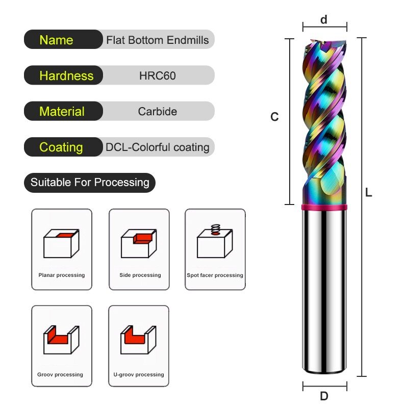 SHAZAM TGP-HRC60 3-флейтовые цветные круглые DLC-покрытие вольфрамовые стальные карбидные алюминиевые плоские торцевые фрезы ЧПУ обрабатывающие фрезы