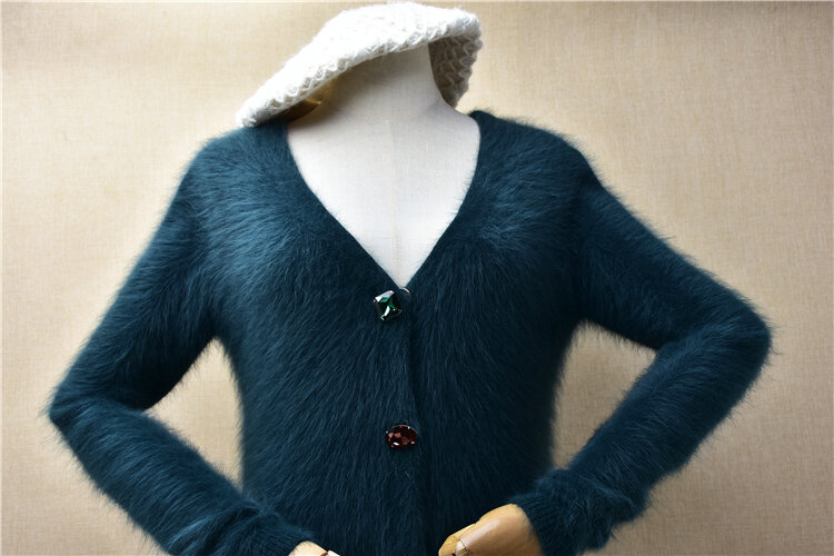 여성용 녹색 털 밍크 캐시미어 니트 비즈 브이넥 슬림 카디건, 앙고라 모피 재킷 스웨터 코트, 가을 겨울 의류