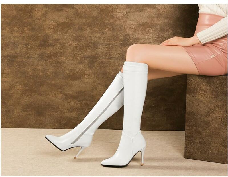 Fashion Woman Autumn Winter Knee High Boots Lady Fashion High Heels Boots Women PU Leather Black White Zipper Long Shoes