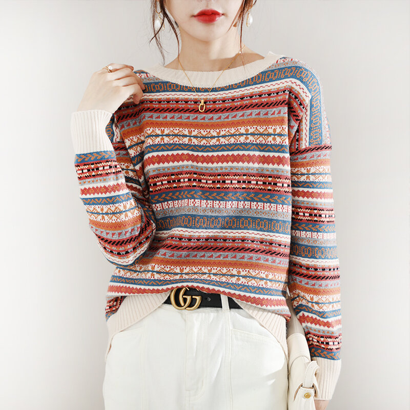 Koreański wersja Plus Size kobiet sweter w paski pulower z okrągłym dekoltem 2022 wiosną i jesienią Boutique nowy kolor luźne długim rękawem