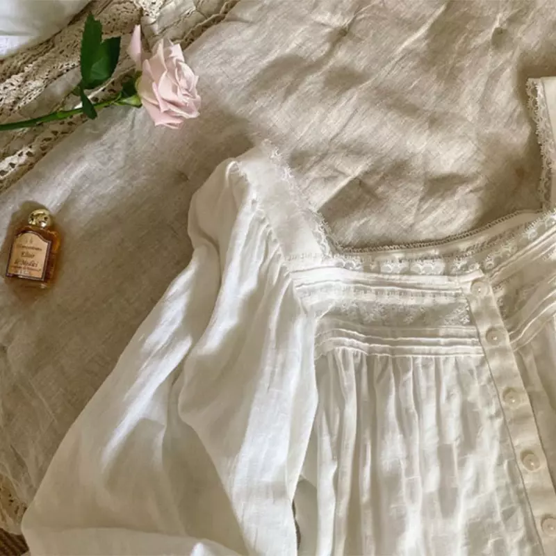 Vestido de noite vitoriano de algodão puro feminino, vestido longo, primavera, outono, branco, manga cheia, camisolas vintage, roupa de dormir princesa