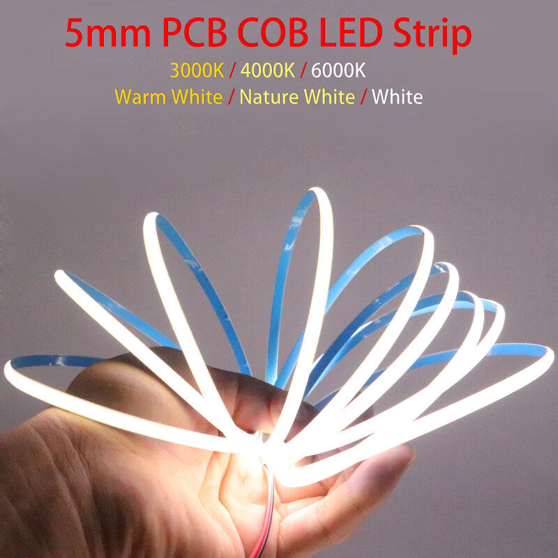Super Tipis 5Mm COB LED Strip 384LEDs/M Lembut Fleksibel DC12V/24V Bar Cahaya Hangat Dingin Putih untuk Dekorasi Pencahayaan 3000K 4000K 6000K