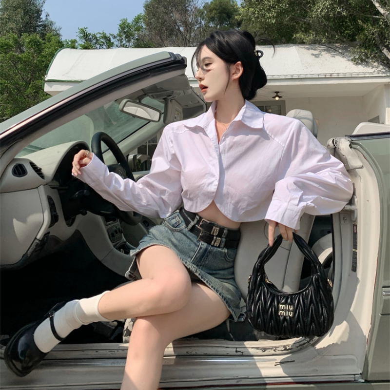 Deeptown Cropped White Shirts Oversized Blouses Women Sexy Long Sleeve Tops Korean Style Y2k Streetwear Cardigan Kpop Fashion