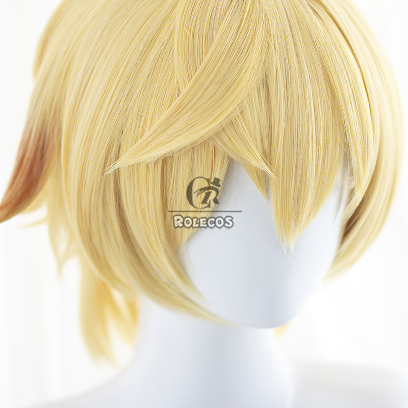 ROLECOS Mika Cosplay Wigs Genshin Impact Mika 30cm Short Straight Blonde Mixed Light Brown Men Wig Heat Resistant Synthetic Hair