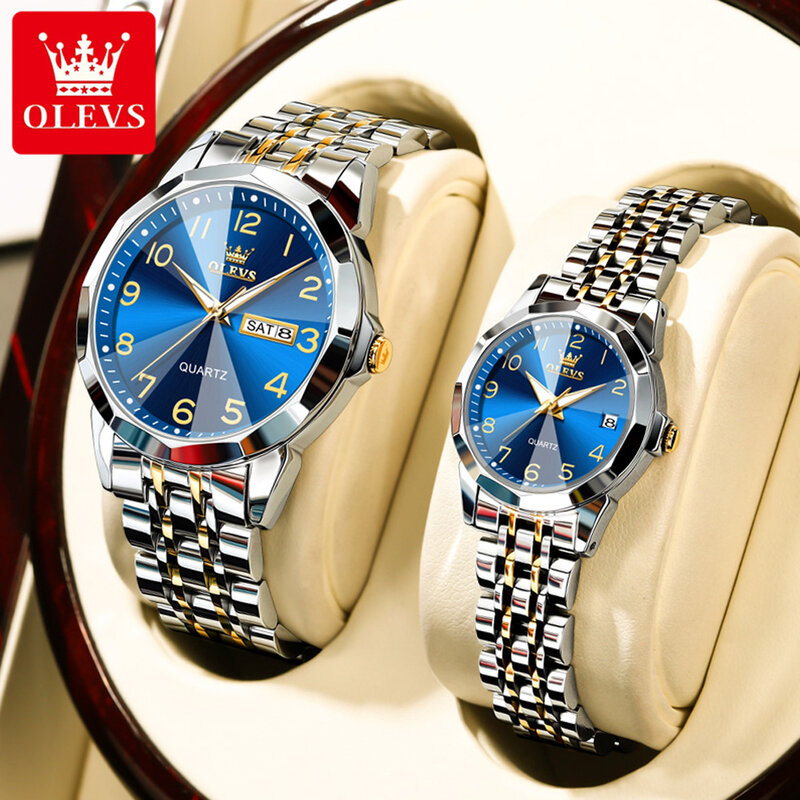 OLEVS Original Quartz Watch for Couple Luxury Rhombus Mirror Design Stainless Couple Watches Date Week Luminous Wristwatches Set