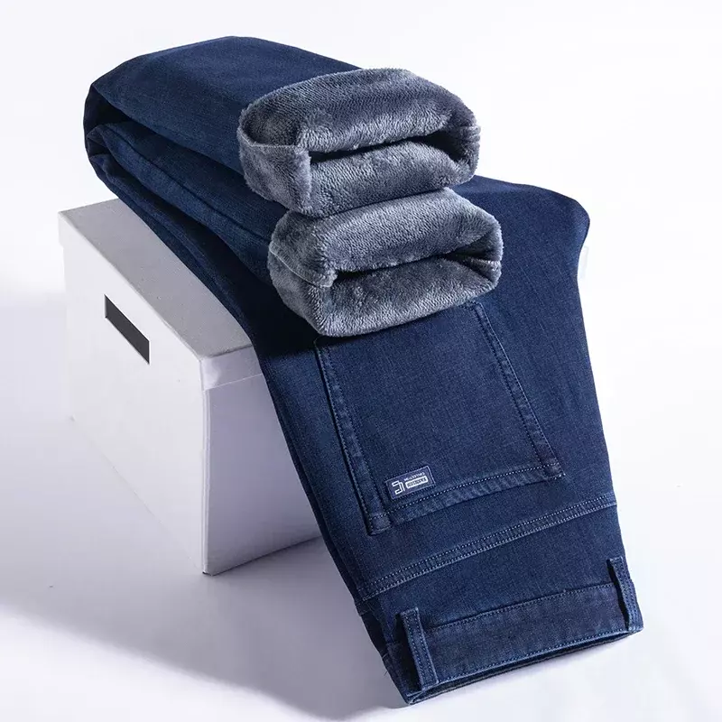 Jeans in pile dritti a 3 colori da uomo inverno caldo moda Casual larghi stile classico pantaloni in Denim tinta unita abbigliamento maschile di marca