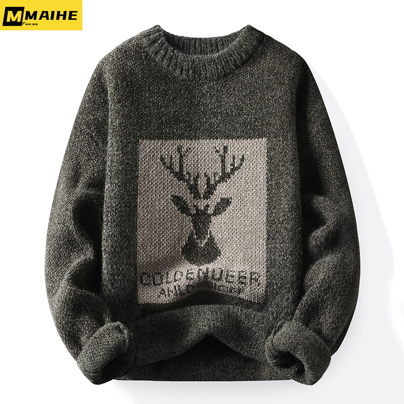 Luxury Brand Sweater For Men's Winter Thick Warm Personalized Pattern Knitted Sweater Harajuku Street Round Neck Pullover