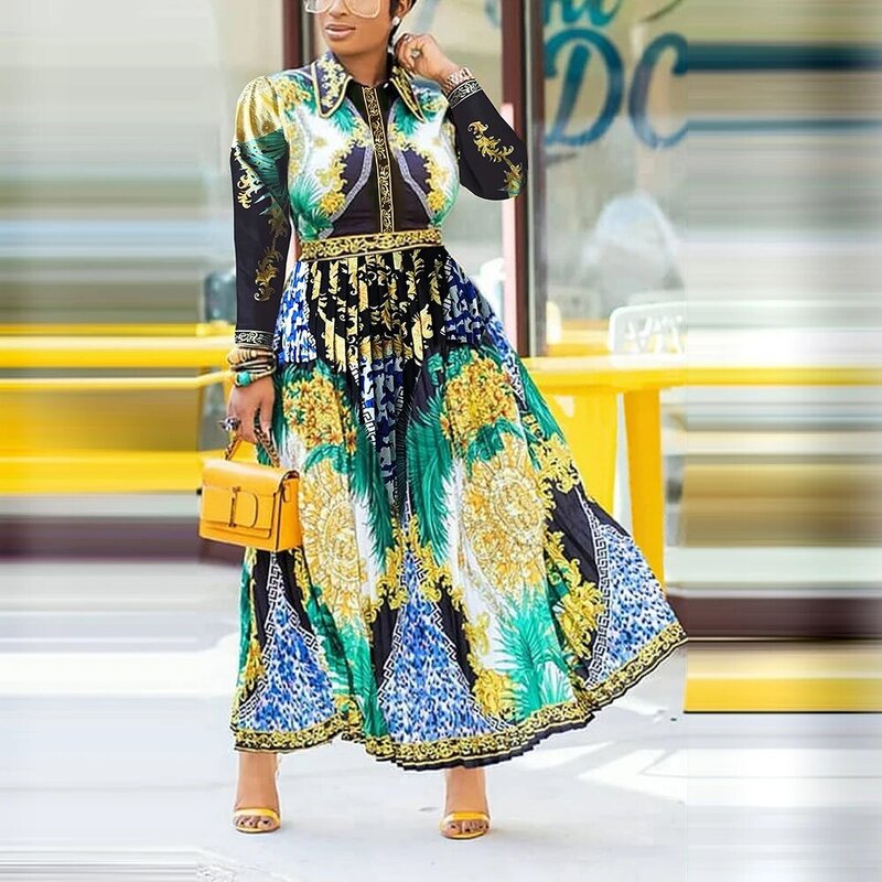 Vestido camisero de talla grande para mujer, vestido elegante de marca de lujo con estampado de una línea, vestidos de diseñador de cintura alta para oficina africana, otoño