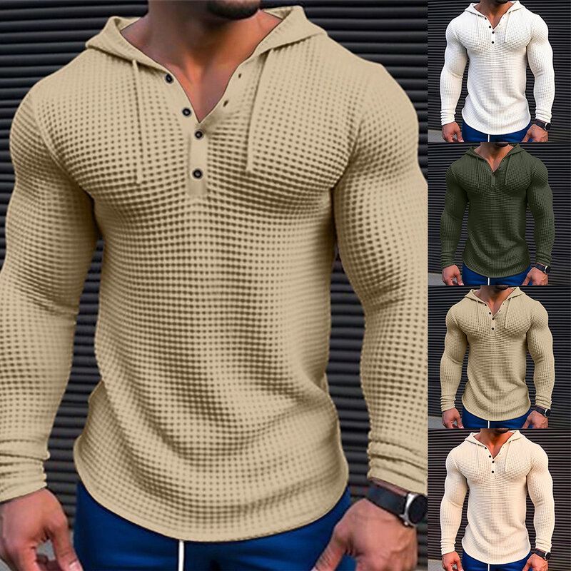 Свитшот мужской с капюшоном, однотонный клетчатый пуловер с длинным рукавом, на пуговицах, уличная одежда, весна-осень