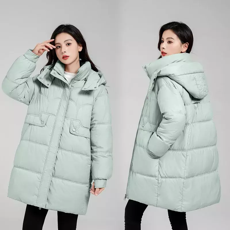 Mantel panjang katun wanita, pakaian hangat tebal kasual jaket parka bertudung bisa dilepas mode baru musim dingin 2023
