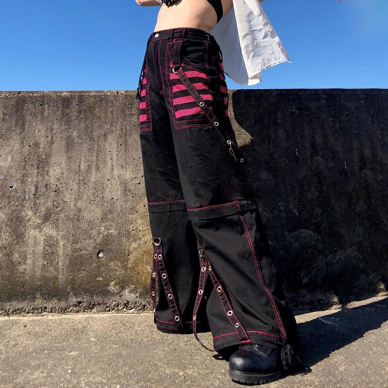 Gotyckie damskie punkowe spodnie Cargo szerokie proste nogawki Grunge hipisowskie luźne spodnie Y2k akademickie ciemne ubrania Streetwear