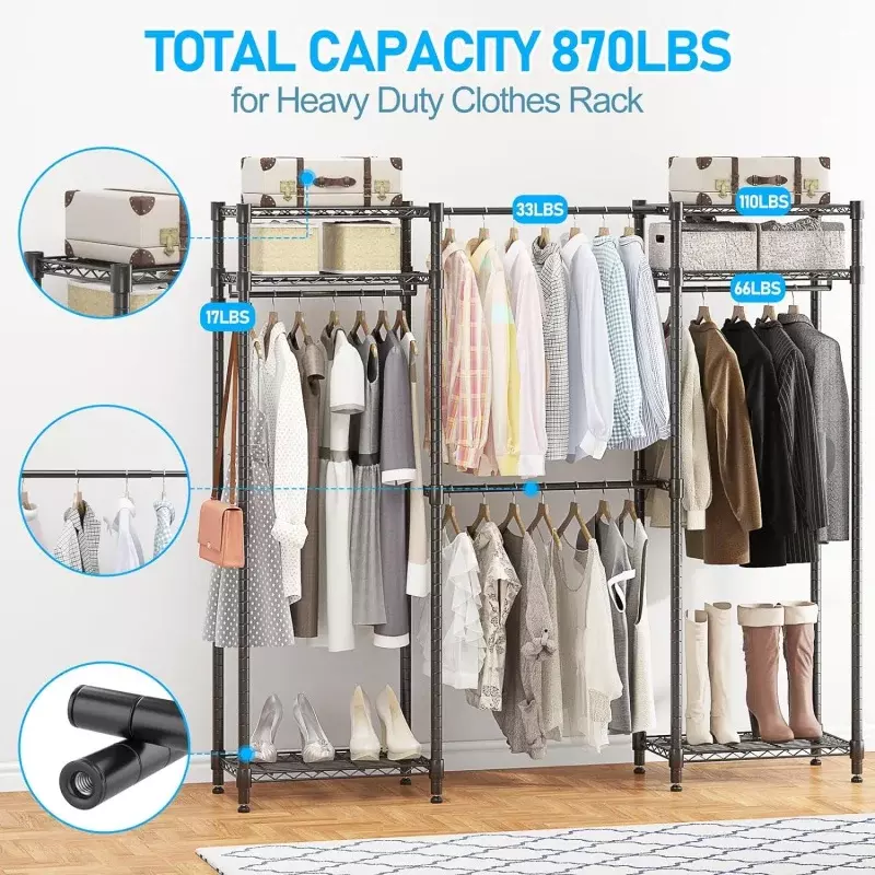 Homdox Heavy Duty Garment Rack with Extendable Hanging Rods, Adjustable Metal Clothing Rack for Hanging Clothes, Freestanding Cl
