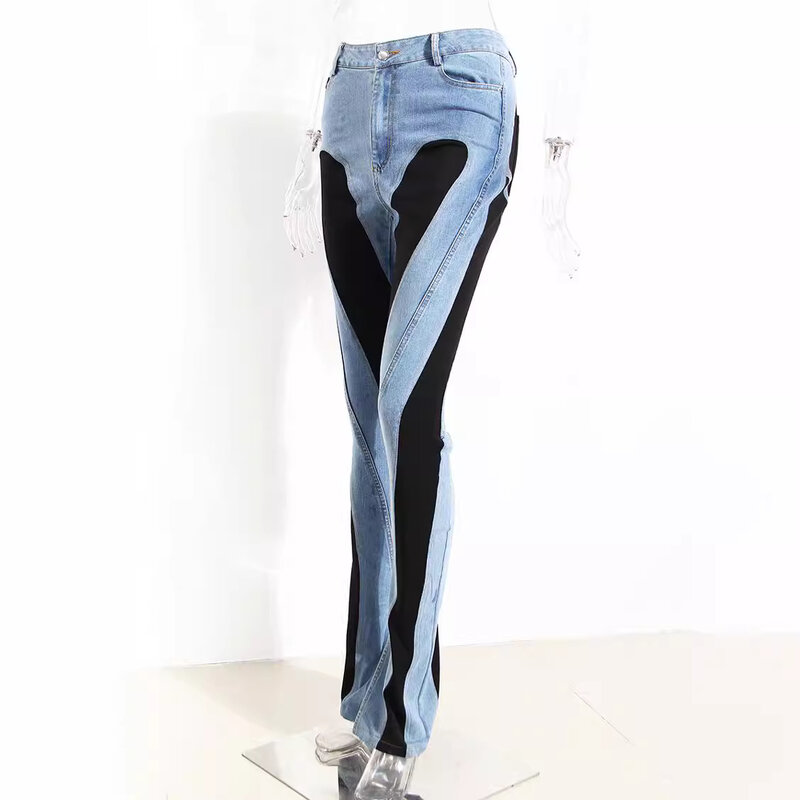 Уличные модные контрастные джинсы для женщин, весна-осень 2024, сексуальные женские джинсы с высокой талией, женская уличная одежда
