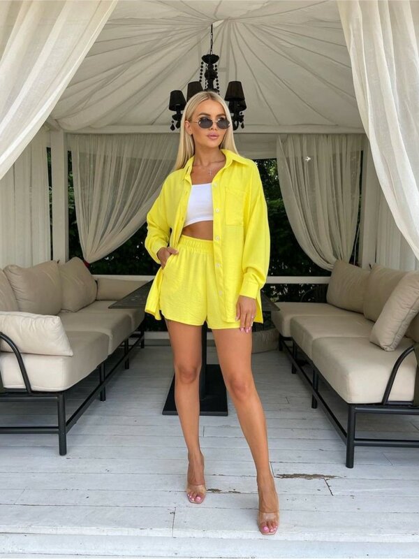 2024 Spring Summer New Short Two Piece Set Women Fashion Simple Style Lady Commuting Sets Long Sleeve Shirts Shorts 2 Piece Suit