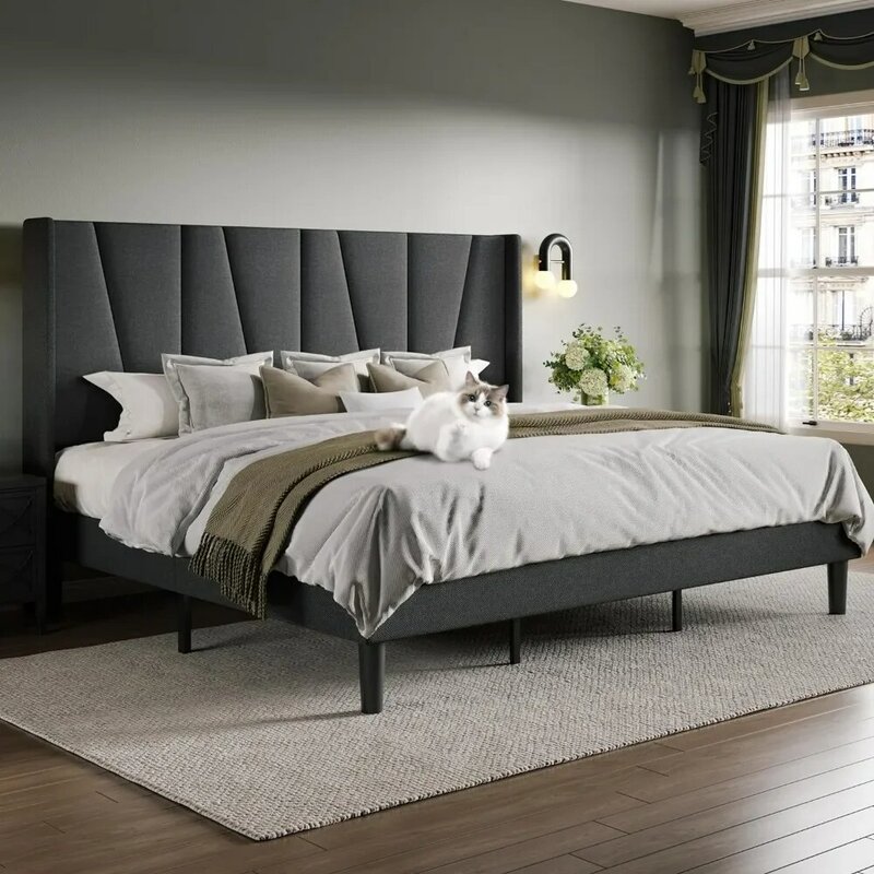 Platform bed frame with geometric wingback headboard, no need for a box spring, modern upholstered bed with plank support