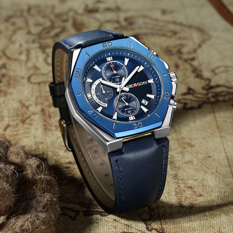 AOCASDIY jam tangan kronograf pria, arloji quartz komersial tali kulit, jam tangan olahraga tahan air