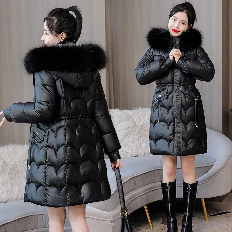 여성용 다운 파카 겨울 재킷, 큰 모피 칼라, 두꺼운 슬림 롱 코트, 후드 코튼 파카, 캐주얼 아우터, 패션, 2023 신상