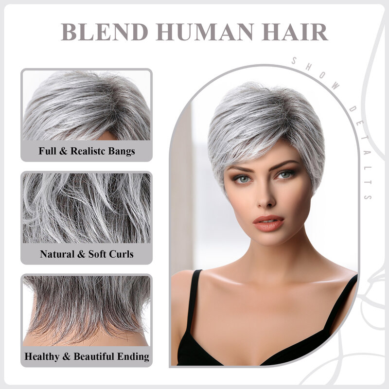 Peluca de cabello humano con flequillo para mujer, corte Pixie corto, mezcla de cabello en capas Bob, color plateado, gris y platino, uso diario