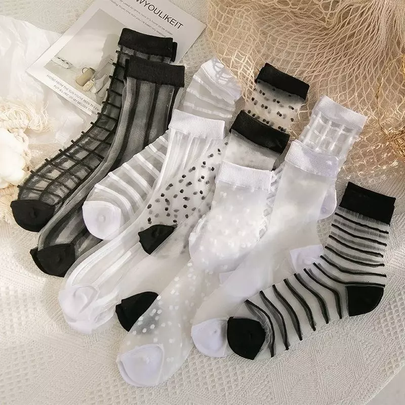 Chaussettes d'été en soie cristal Ultra-fines transparentes, socquettes d'équipage, mode noir blanc, maille Sexy, résille mince, chaussettes en soie de verre Harajuku