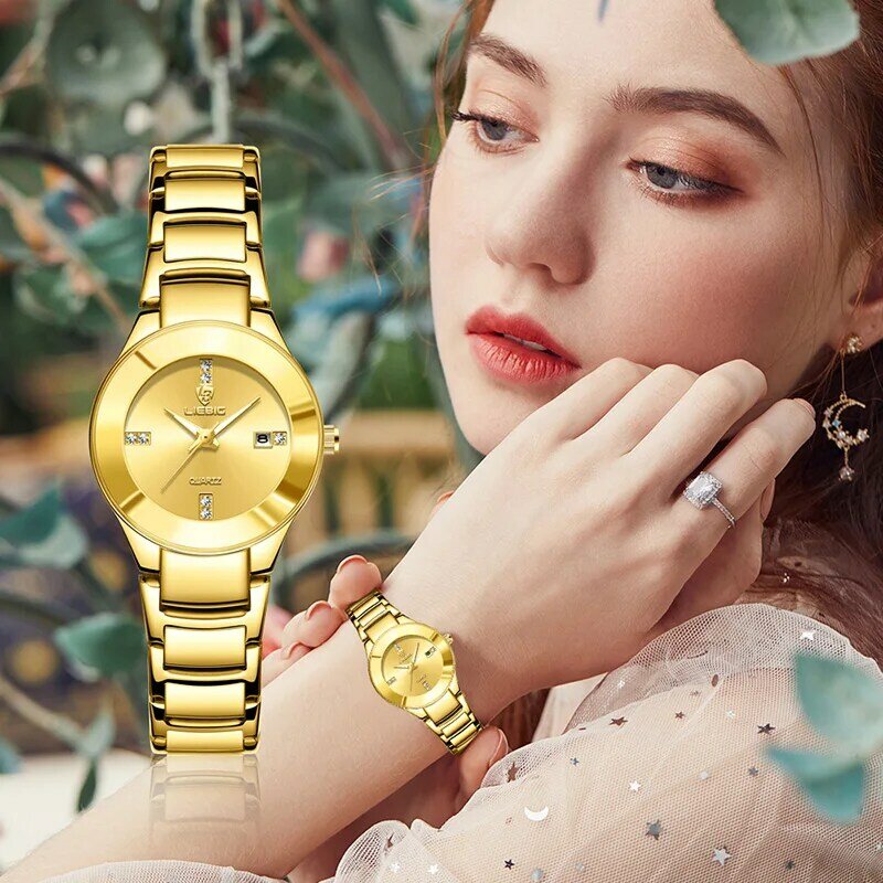ساعات يد ليبيغ ذهبية مضيئة للنساء ، حزام فولاذية كامل ، ساعة يد مقاومة للماء ، ساعة نسائية ، فتاة فاخرة