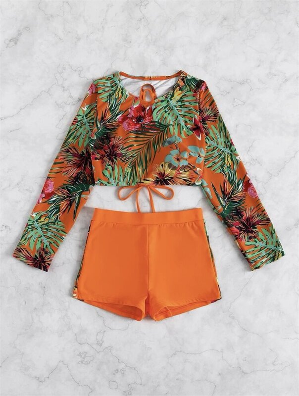 2 Piece Women's Swimsuit Underwear+Full Sleeves Outfit Summer Bikini Printed Beach Holiday Sexy Orange Daily Hot Girl Streetwear
