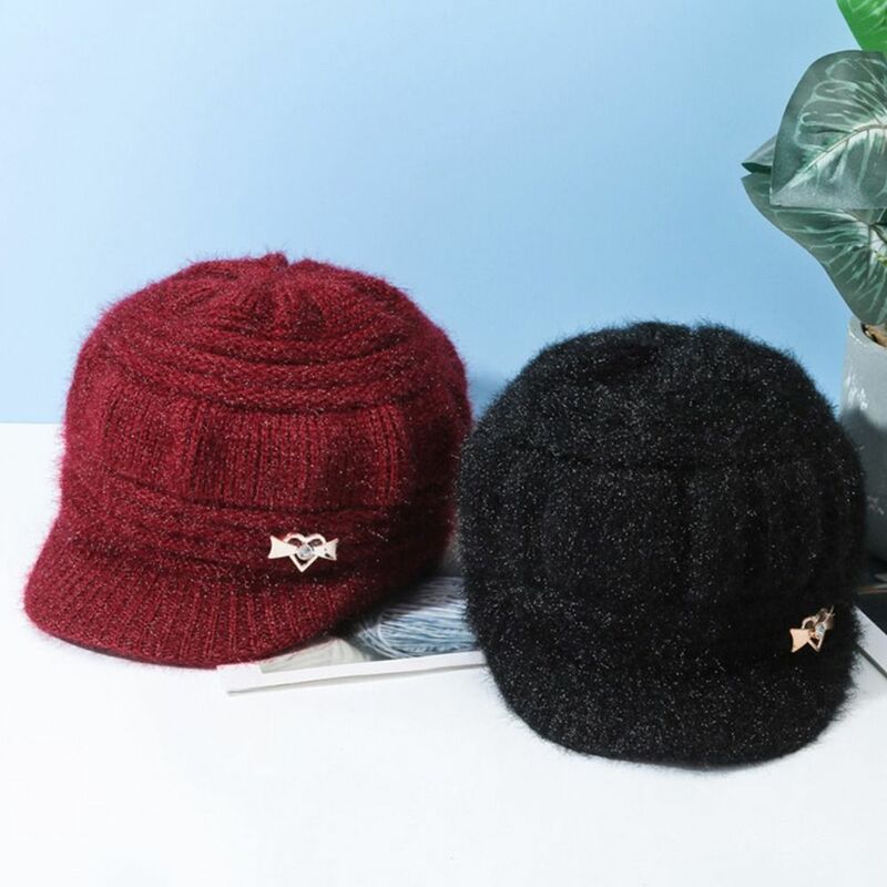 Knitted Wool Hat Women's Fashion Windproof Solid Color Knitted Hat Ear Warmer Cap Middle Aged