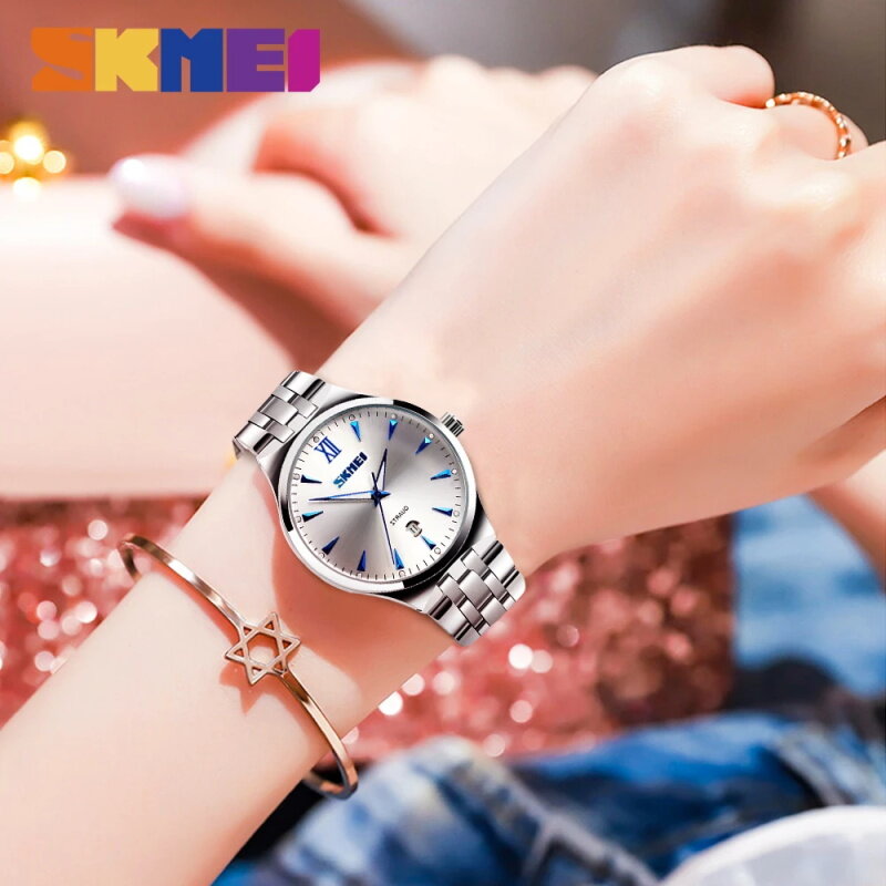 นาฬิกาควอทซ์คู่รักแฟชั่นหรูหราหรูหราสำหรับผู้ชายผู้หญิงนาฬิกาข้อมือสแตนเลสสตีลกันน้ำของขวัญคู่รัก