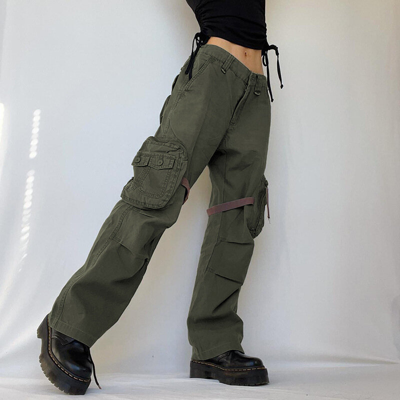 Damskie jesienne spodnie Cargo na co dzień z kieszeniami z niską talią luźne spodnie damskie luźne, solidne, proste spodnie Streetwear