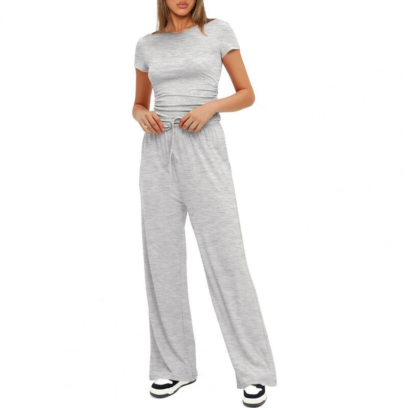 Conjunto de top e calça para mulheres, conjunto de 2 partes, apertado, cintura alta, cordão, elástico, manga curta, cor sólida, yoga, verão