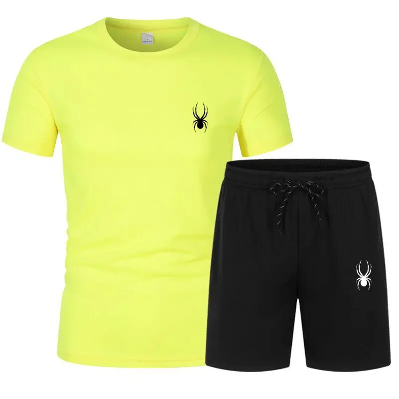 Men's short-sleeved T-shirt set, popular summer jog, lens wet print, casual fashion, men's sports